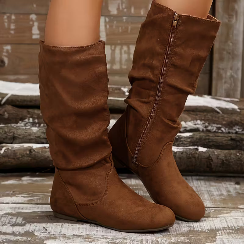 Women's Mid-Calf Ankle Boots with Pleated Design