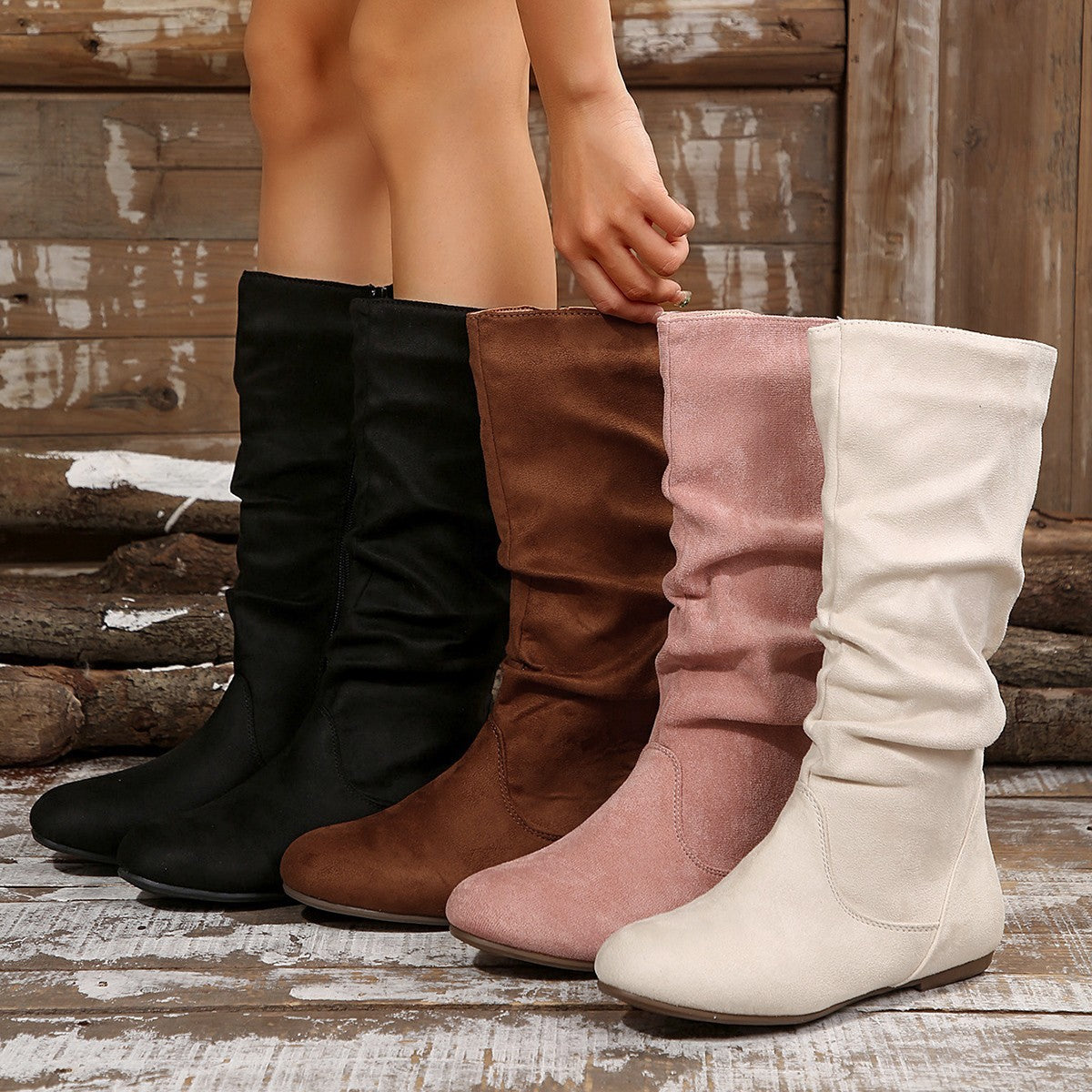 Women's Mid-Calf Ankle Boots with Pleated Design